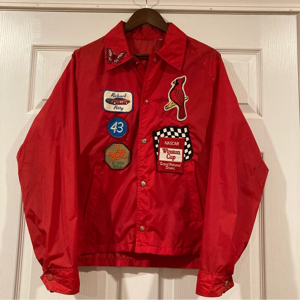 Vintage Red Windbreaker with NASCAR Patches, Medium